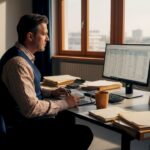 Der Eigentümer nimmt die Betriebskostenabrechnung im Büro genau unter die Lupe.