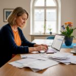 Am Esstisch sitzt eine Frau und prüft ihre Nebenkostenabrechnung.