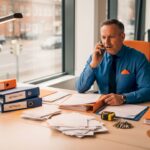 Ein Hausverwalter sitzt am Schreibtisch, sortiert Aktenordner und führt Telefonate – ganz typisch Büroalltag in der Immobilienverwaltung.
