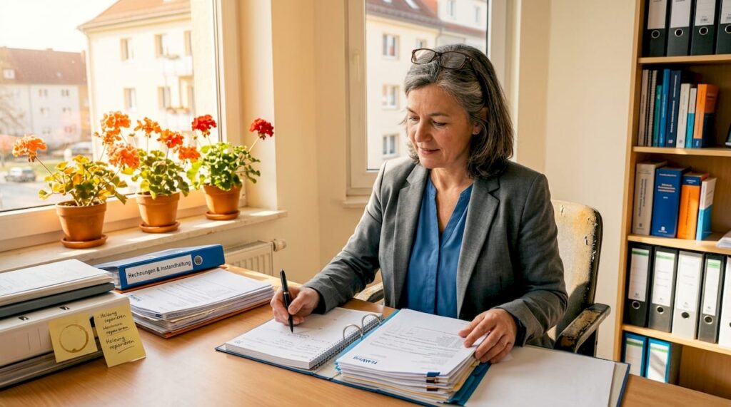 Ein Hausverwalter sitzt am Schreibtisch und prüft Unterlagen.
