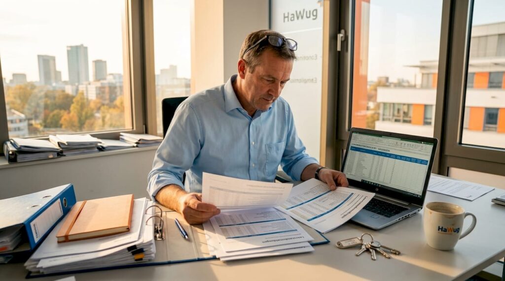 Der Hausverwalter prüft am Schreibtisch die aktuellen Leerstandsmeldungen.