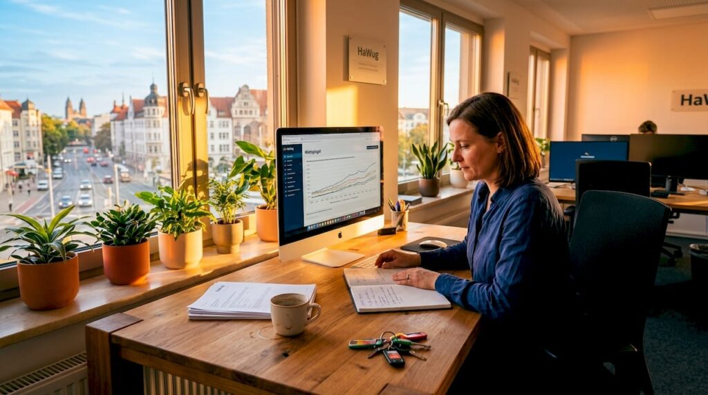 Der Immobilienverwalter prüft die Mietunterlagen in seinem Büro.