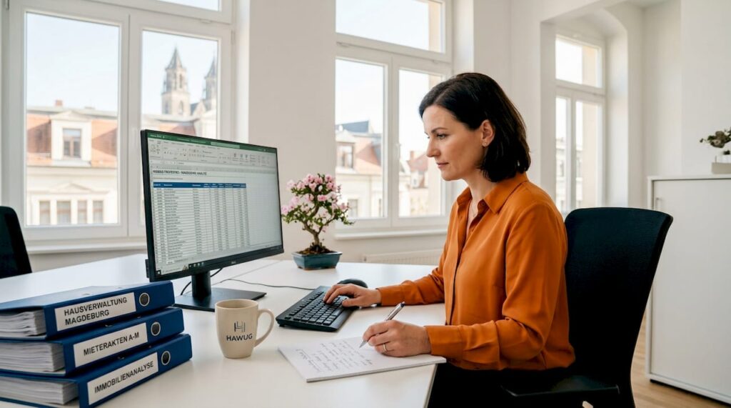 Property manager reviewing files in office