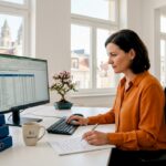 Property manager reviewing files in office
