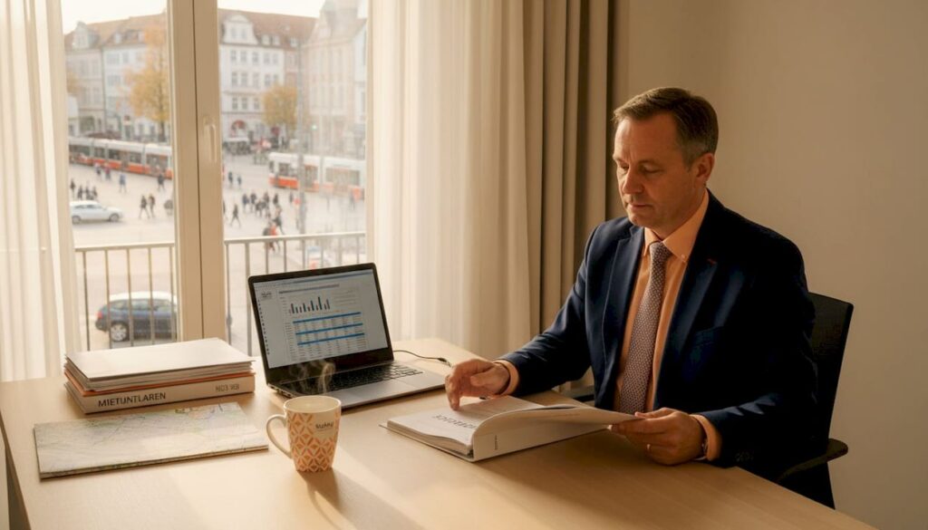 Eine Immobilienverwalterin sitzt in Magdeburg am Schreibtisch und geht ihrer täglichen Arbeit nach.