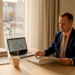 Eine Immobilienverwalterin sitzt in Magdeburg am Schreibtisch und geht ihrer täglichen Arbeit nach.