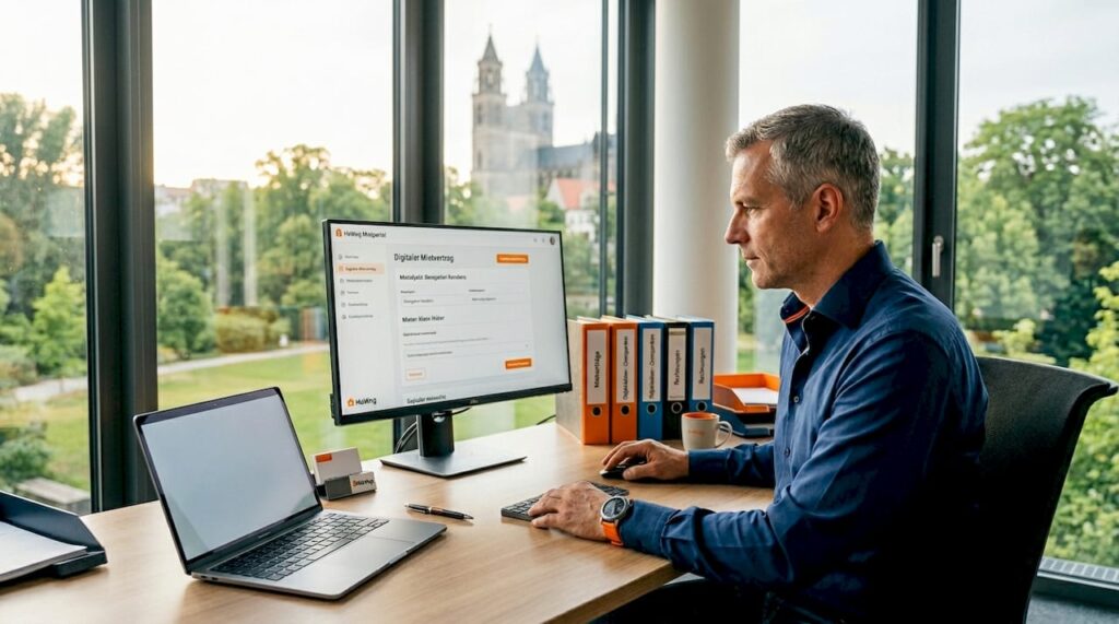 Ein Immobilienverwalter kümmert sich am Schreibtisch um die Organisation und Betreuung von Mietverträgen.