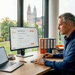 Ein Immobilienverwalter kümmert sich am Schreibtisch um die Organisation und Betreuung von Mietverträgen.
