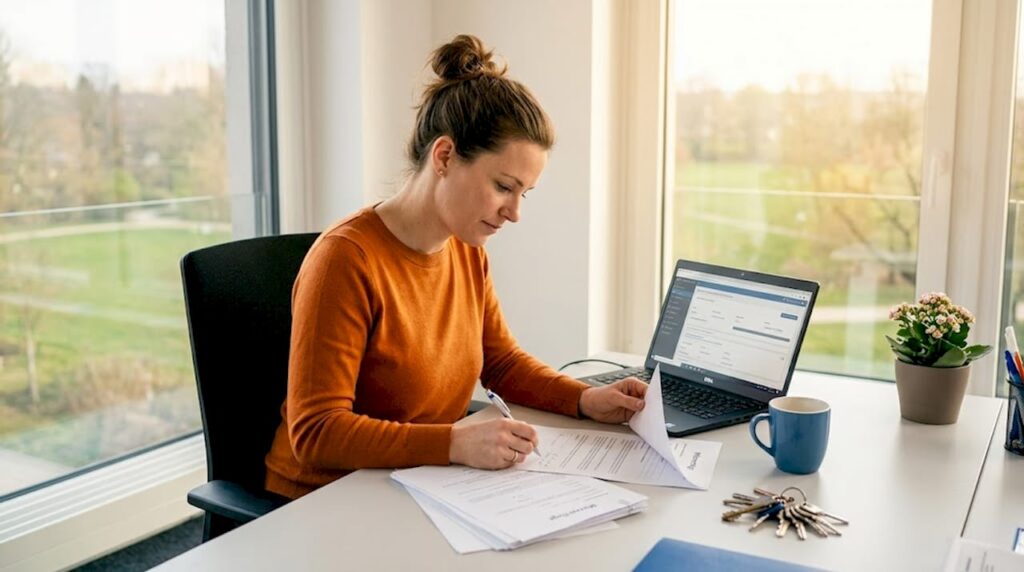 Ein Immobilienverwalter prüft Mietunterlagen in seinem Büro.