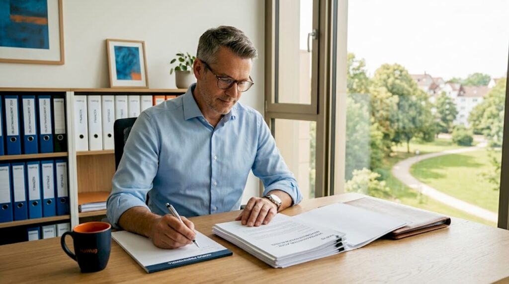 Ein Hausverwalter prüft aufmerksam einen Vertrag an seinem Schreibtisch.