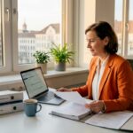 Eine Hausverwalterin erstellt am Schreibtisch die Jahresabrechnung für die Eigentümergemeinschaft.