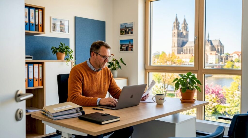 Ein Immobilienmakler prüft im Büro sorgfältig Mietverträge.