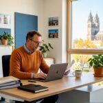 Ein Immobilienmakler prüft im Büro sorgfältig Mietverträge.