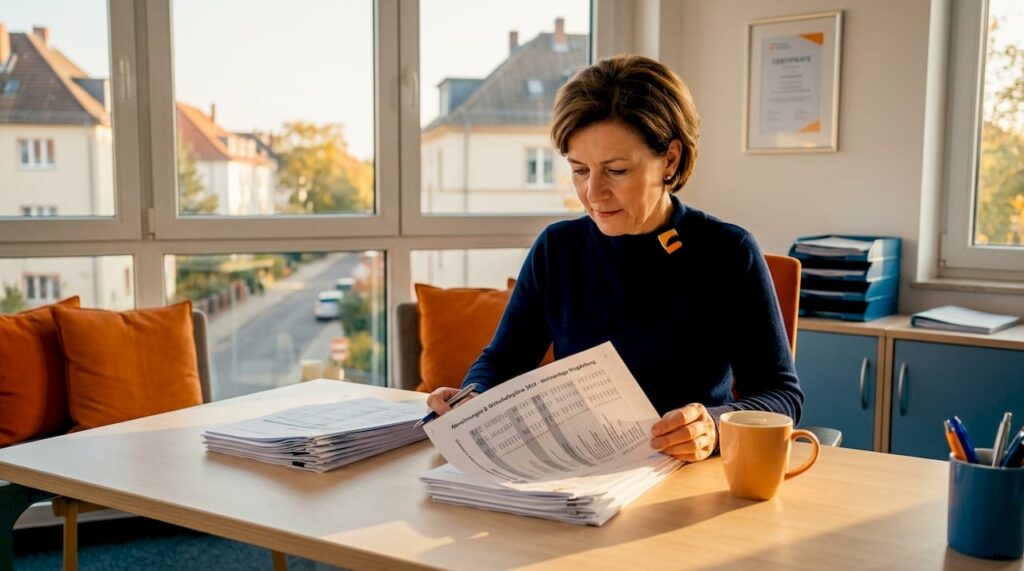 Eine Mitarbeiterin der Verwaltung überprüft im Büro die eingereichten Abrechnungen.