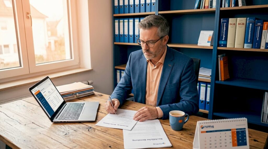 Ein Immobilienverwalter prüft am Schreibtisch wichtige Vertragsunterlagen.