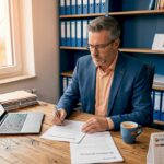 Ein Immobilienverwalter prüft am Schreibtisch wichtige Vertragsunterlagen.