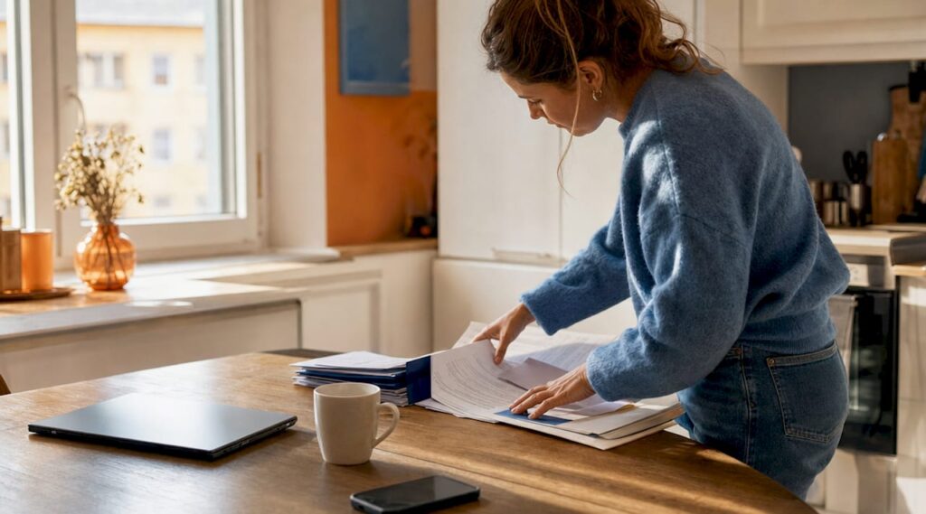 Eine Frau sitzt am Tisch und stellt ihre Unterlagen für die Wohnungsbewerbung zusammen.