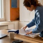 Eine Frau sitzt am Tisch und stellt ihre Unterlagen für die Wohnungsbewerbung zusammen.