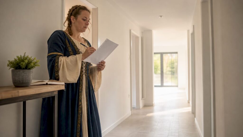 Eine Frau nimmt ihre neue Mietwohnung gemeinsam mit dem Vermieter unter die Lupe und überprüft, ob alles in Ordnung ist.
