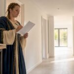 Eine Frau nimmt ihre neue Mietwohnung gemeinsam mit dem Vermieter unter die Lupe und überprüft, ob alles in Ordnung ist.