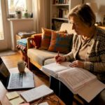 Eine Frau sitzt am Esstisch und schaut sich die WEG-Abrechnung genau an.