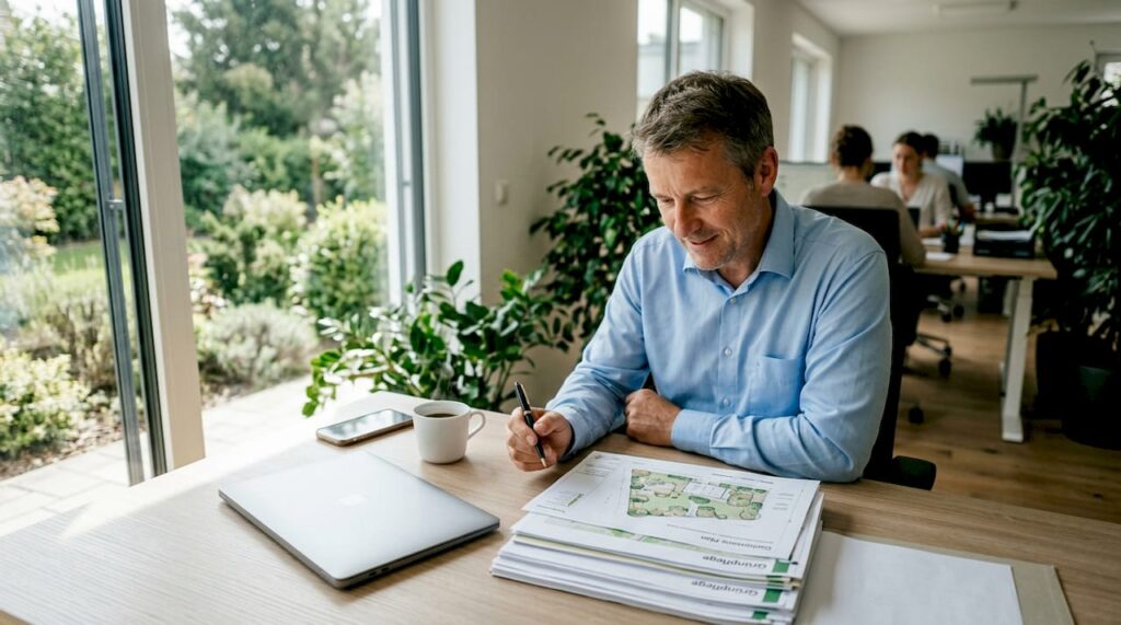 Der Verwalter sichtet am Schreibtisch die Unterlagen zur Grünanlagenpflege.