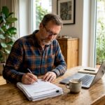 Ein Mann sortiert zu Hause Unterlagen zur WEG-Verwaltung und verschafft sich einen Überblick über wichtige Dokumente seiner Eigentümergemeinschaft.