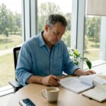 Im Büro nimmt sich der Hausverwalter Zeit, die Mietunterlagen sorgfältig zu überprüfen.