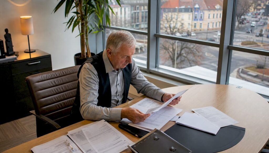 Ein Immobilienverwalter prüft im Büro sorgfältig die Vertragsunterlagen.