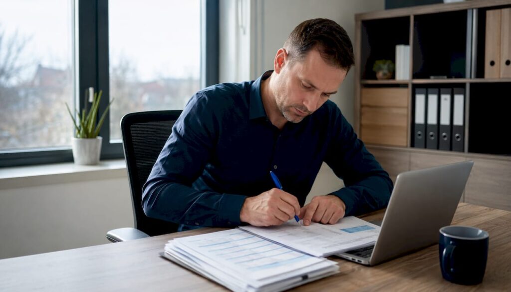 Der Hausverwalter nimmt den Wirtschaftsplan im Büro genau unter die Lupe.