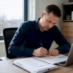 Der Hausverwalter nimmt den Wirtschaftsplan im Büro genau unter die Lupe.