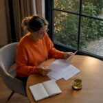 Eine Frau sitzt am Tisch und schaut sich Unterlagen der Wohnungseigentümergemeinschaft genau an.