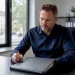 Mehrere Hände sortieren leere Unterlagen auf einem Schreibtisch im Büro.