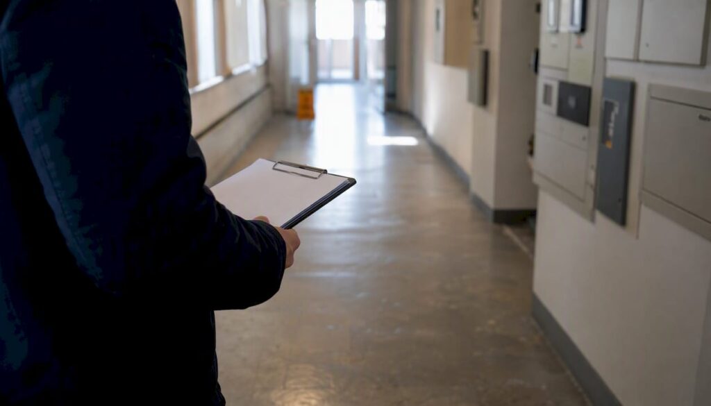 Der Hausverwalter überprüft die technischen Anlagen im Gebäude.