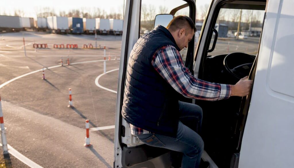 Während der Fahrerschulung werden die Außenspiegel des Lkw sorgfältig von Hand eingestellt.
