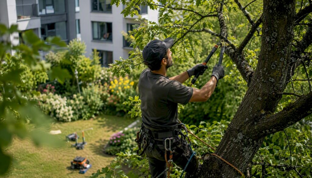 Fachgerechter Baumschnitt im Gemeinschaftsgarten der Wohnanlage