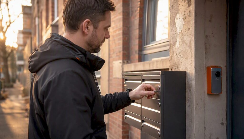 Jemand stellt das Schloss am Briefkasten einer Immobilie in Magdeburg per Hand ein.
