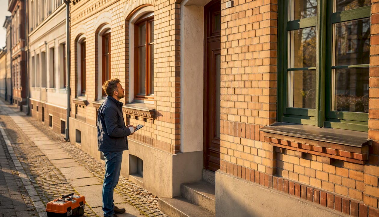 Gründliche Begutachtung der Wohnhausfassade in Magdeburg