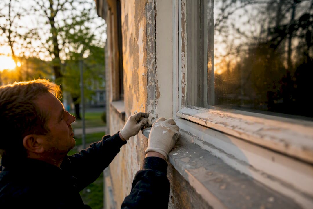Jemand prüft mit den Händen den Fensterrahmen eines alten Gebäudes.
