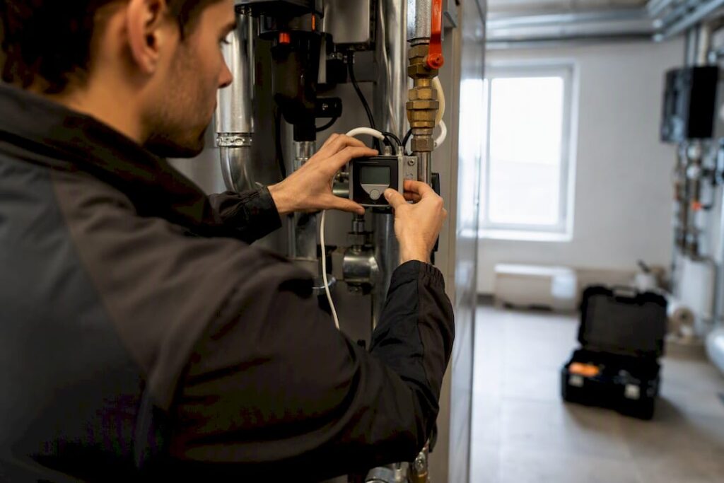 Ein Servicetechniker stellt den Wärmezähler im Technikraum ein.