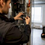 Ein Servicetechniker stellt den Wärmezähler im Technikraum ein.
