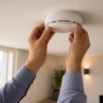 Hände schrauben Rauchmelder von der Decke ab