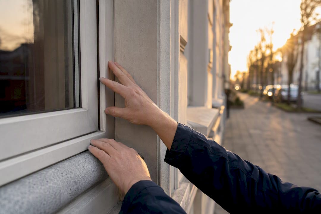 Hände überprüfen den Fensterrahmen für die Energieeinschätzung