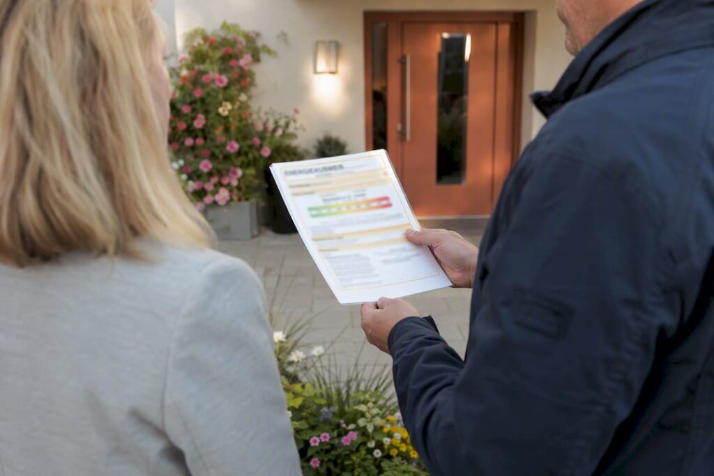 Hände halten Energieausweis am Hauseingang