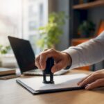 Hände stempeln ein Dokument auf dem Büroschreibtisch