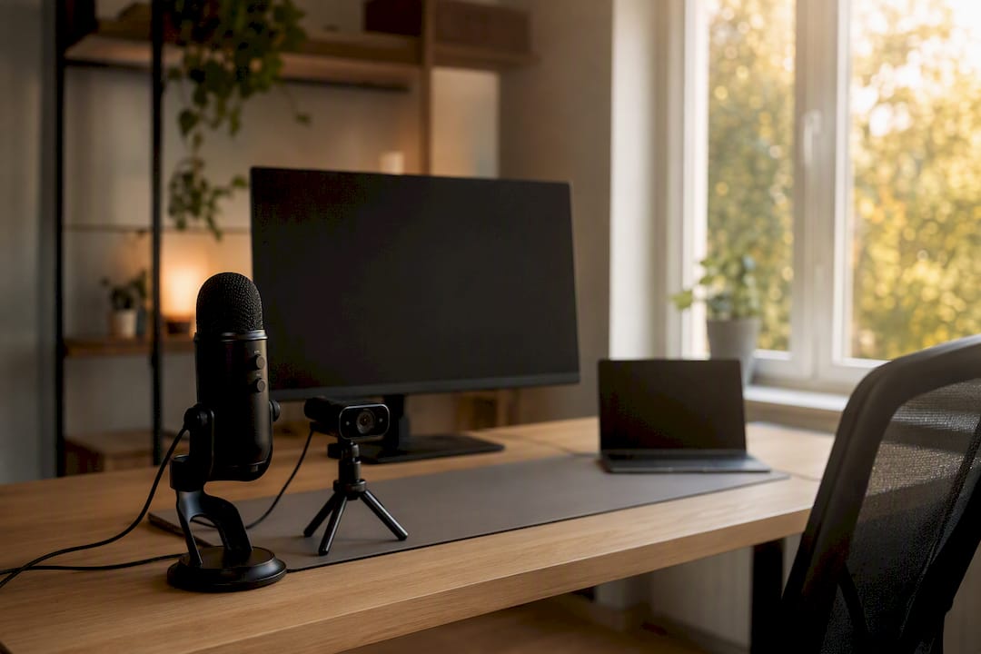 Mikrofon- und Kamerakonfiguration im Homeoffice zur Aufnahme von Meetings