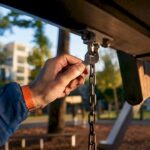 Prüfer überprüft die Befestigung am Spielgerät