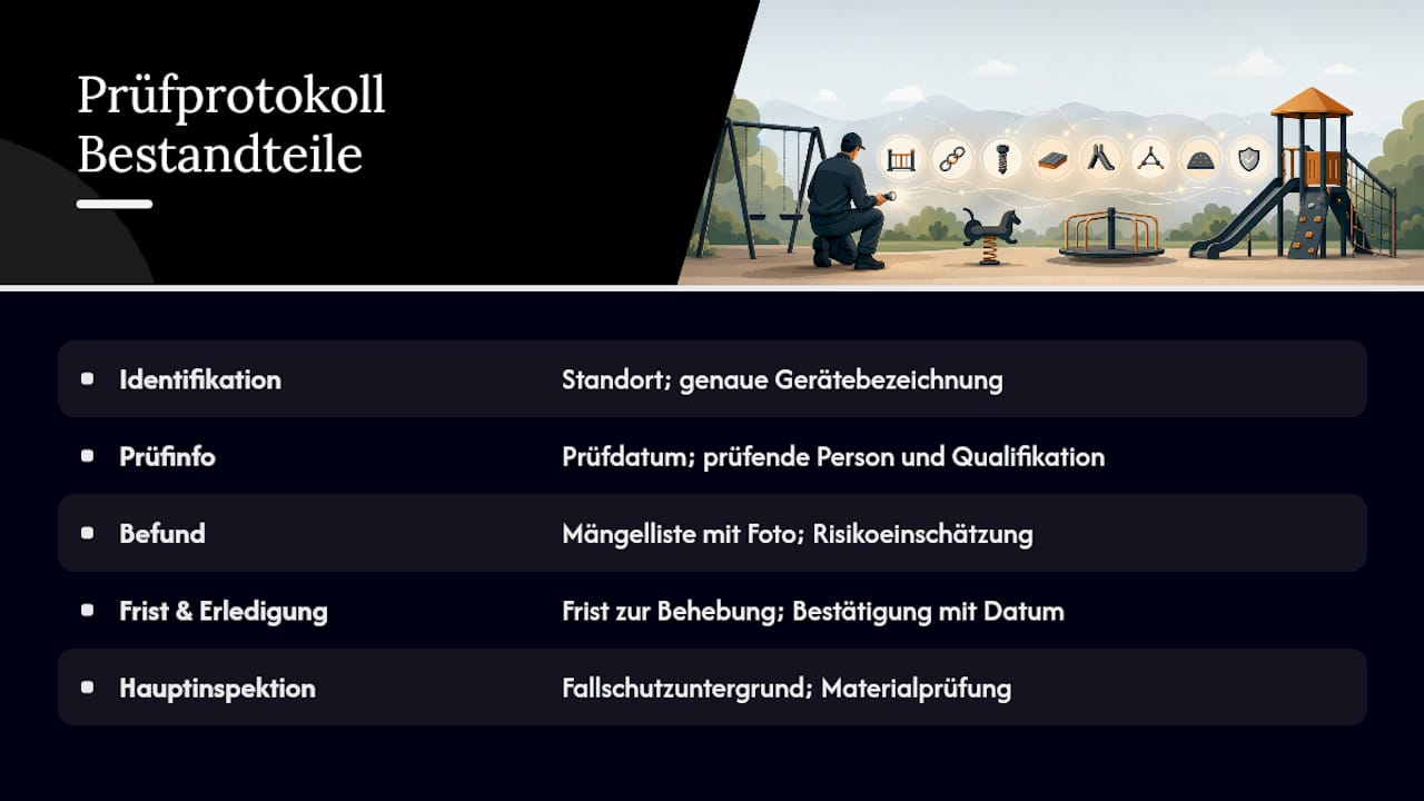 Bestandteile eines Prüfprotokolls für Spielplätze