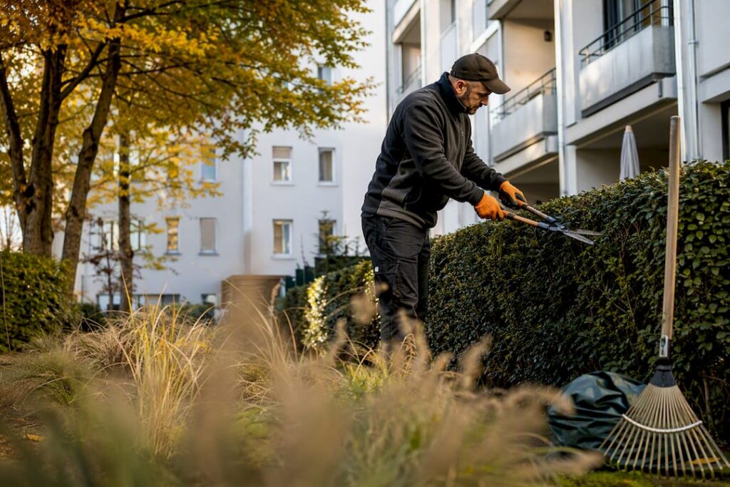 Gartenpflege im Innenhof eines Mehrfamilienhauses