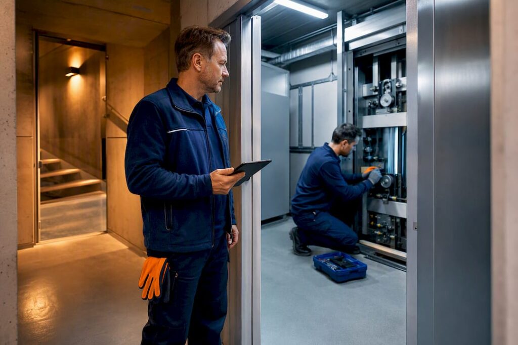 Hausmeister und Fachkraft überprüfen die technische Anlage